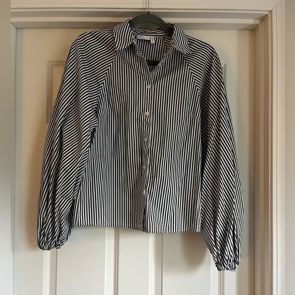 Tops - Gray and White Balloon Sleeved Striped Button-Up Shirt
